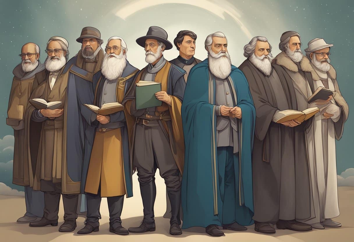 A group of historical figures standing together, each with a book in hand, surrounded by an aura of wisdom and knowledge