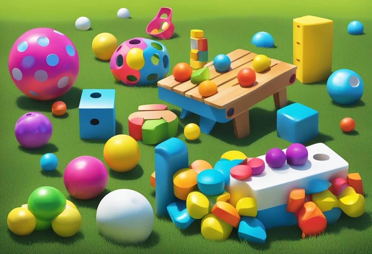 A group of colorful outdoor toys and games scattered on a grassy field, with a bright blue sky and fluffy white clouds in the background