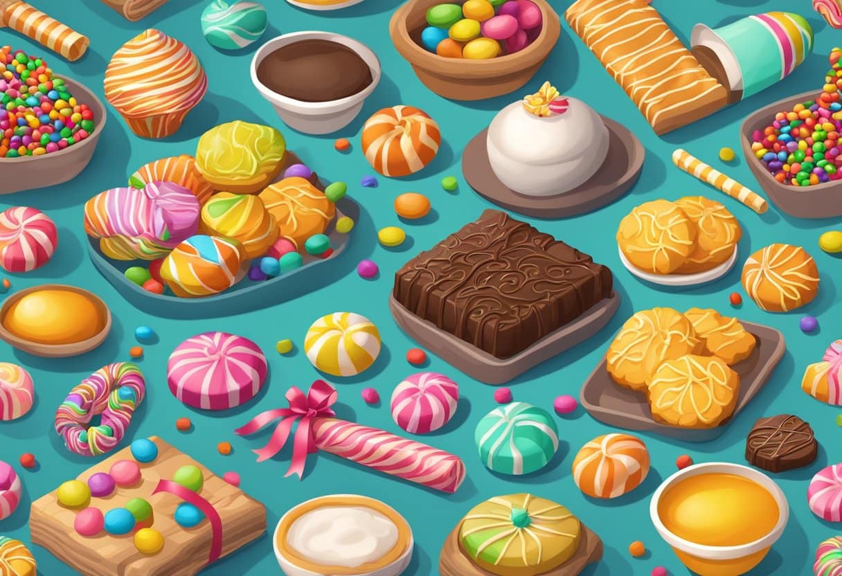 A table filled with colorful candies, cookies, and wrapped gifts for students