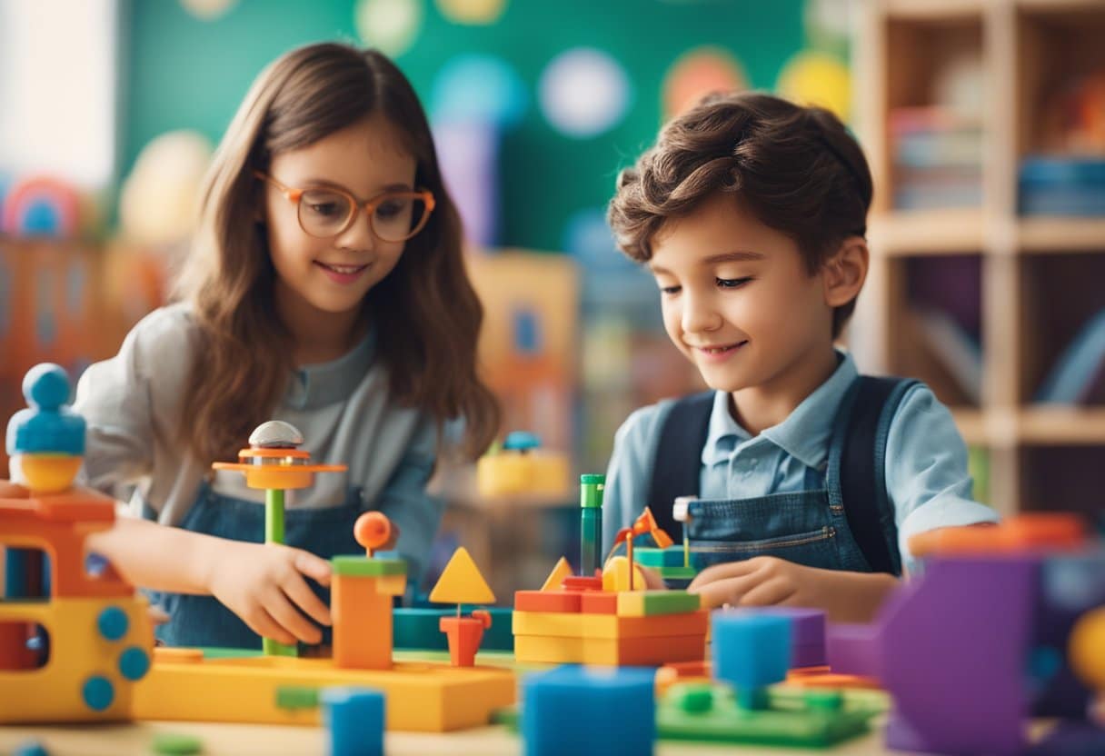 Children playing with educational toys, reading books, and doing science experiments in a colorful and vibrant classroom setting