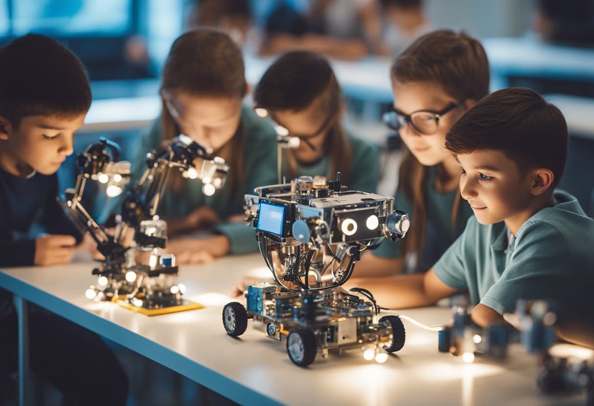 Children exploring robotics, coding, and science experiments in a bright, interactive classroom setting
