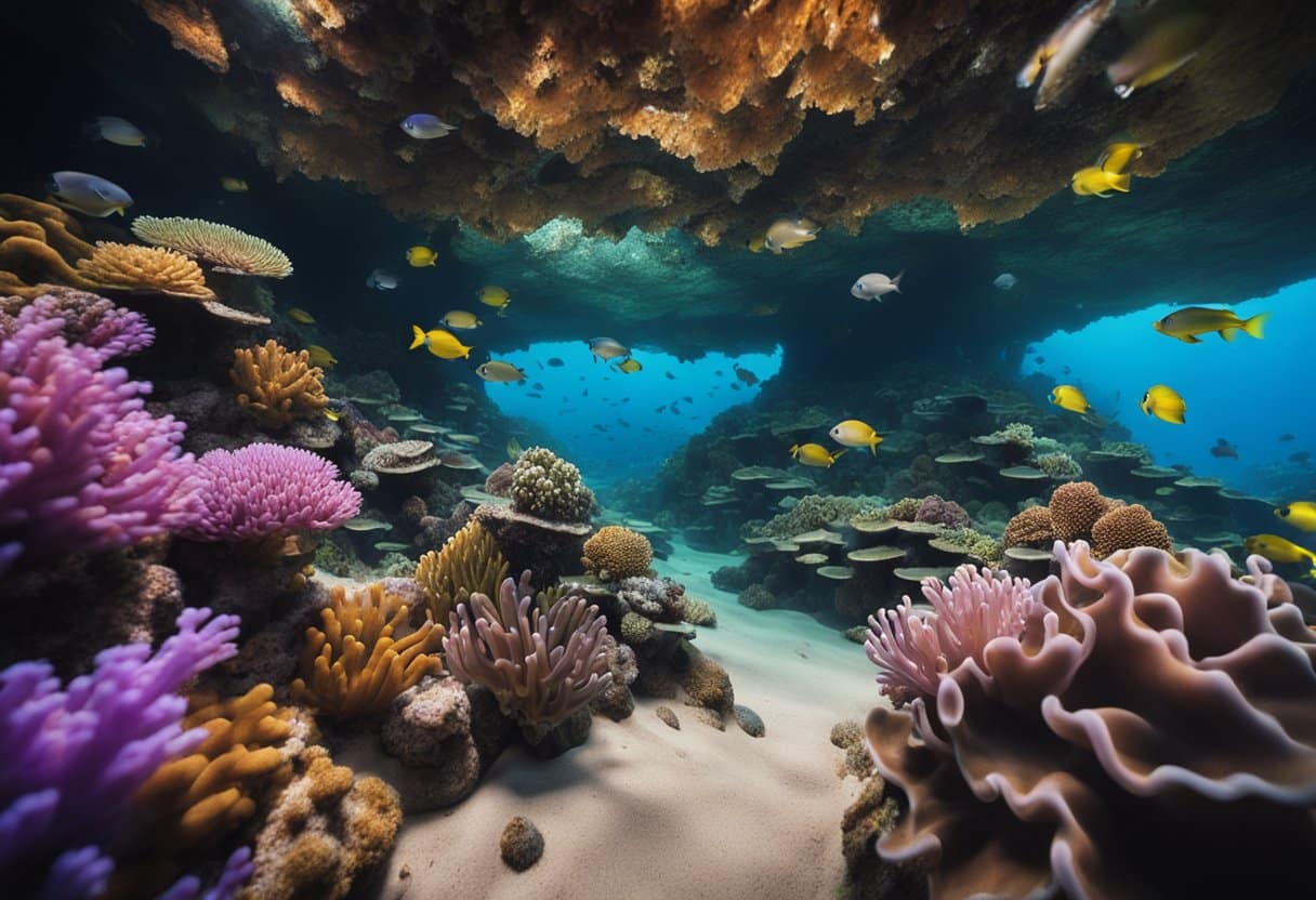 Colorful coral reefs teeming with vibrant fish, swaying sea plants, and a curious octopus hiding in a cave