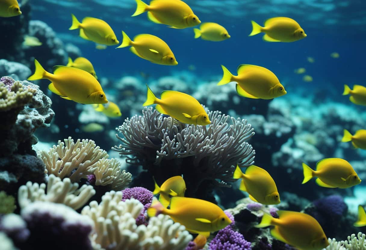 A colorful coral reef sways gently as schools of fish dart through the crystal-clear water. The sound of waves and the chatter of marine life create a symphony of underwater sounds