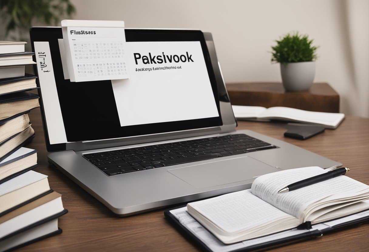 A desk with a stack of textbooks, a notebook, and a pen. Flashcards scattered around with various topics written on them. A laptop open to a study website
