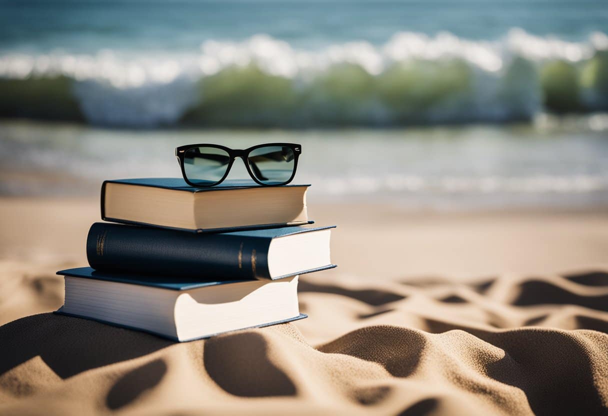 A stack of books sits on a sandy beach, with waves crashing in the background. The sun is shining, and a pair of sunglasses is placed on top of the books