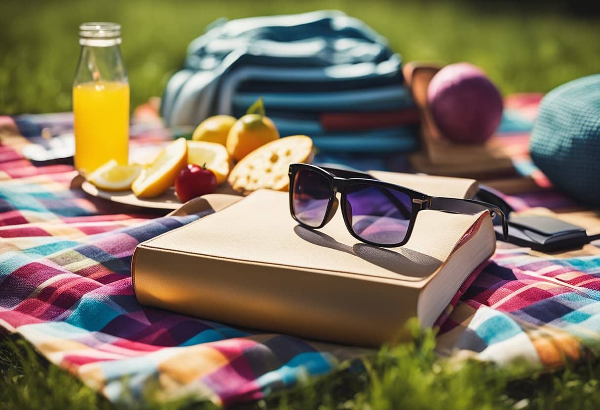 A picnic blanket under a shady tree, surrounded by a stack of colorful books, a pair of sunglasses, and a refreshing drink