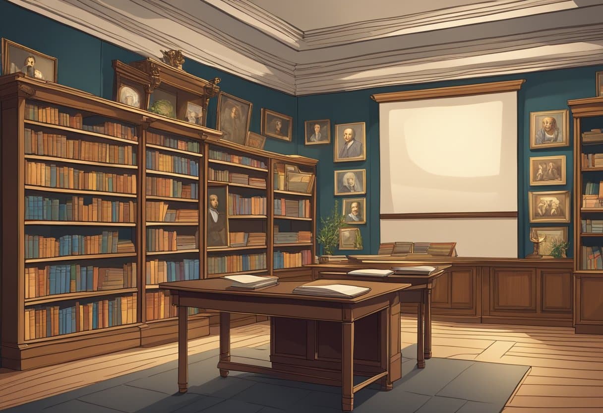 A classroom with portraits of historical figures like Shakespeare, Da Vinci, and Cleopatra displayed on the walls. Books about art, literature, and history are stacked on the shelves
