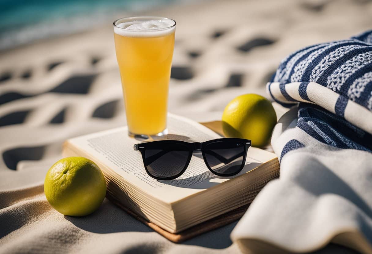 A stack of books on a sunny beach towel, with sunglasses and a refreshing drink nearby