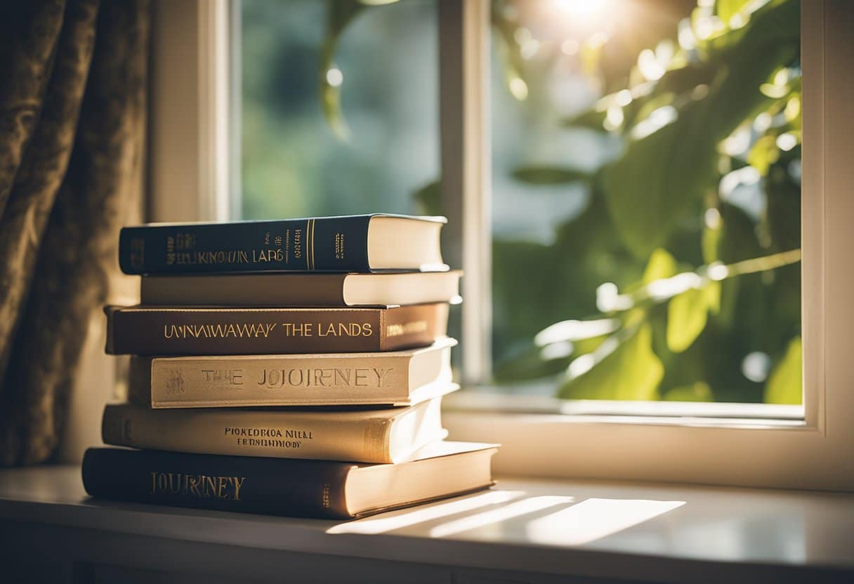 A stack of books sits on a sun-drenched windowsill, with titles like "Exploring the Unknown" and "Journey to Faraway Lands." The vibrant covers hint at the exciting tales within