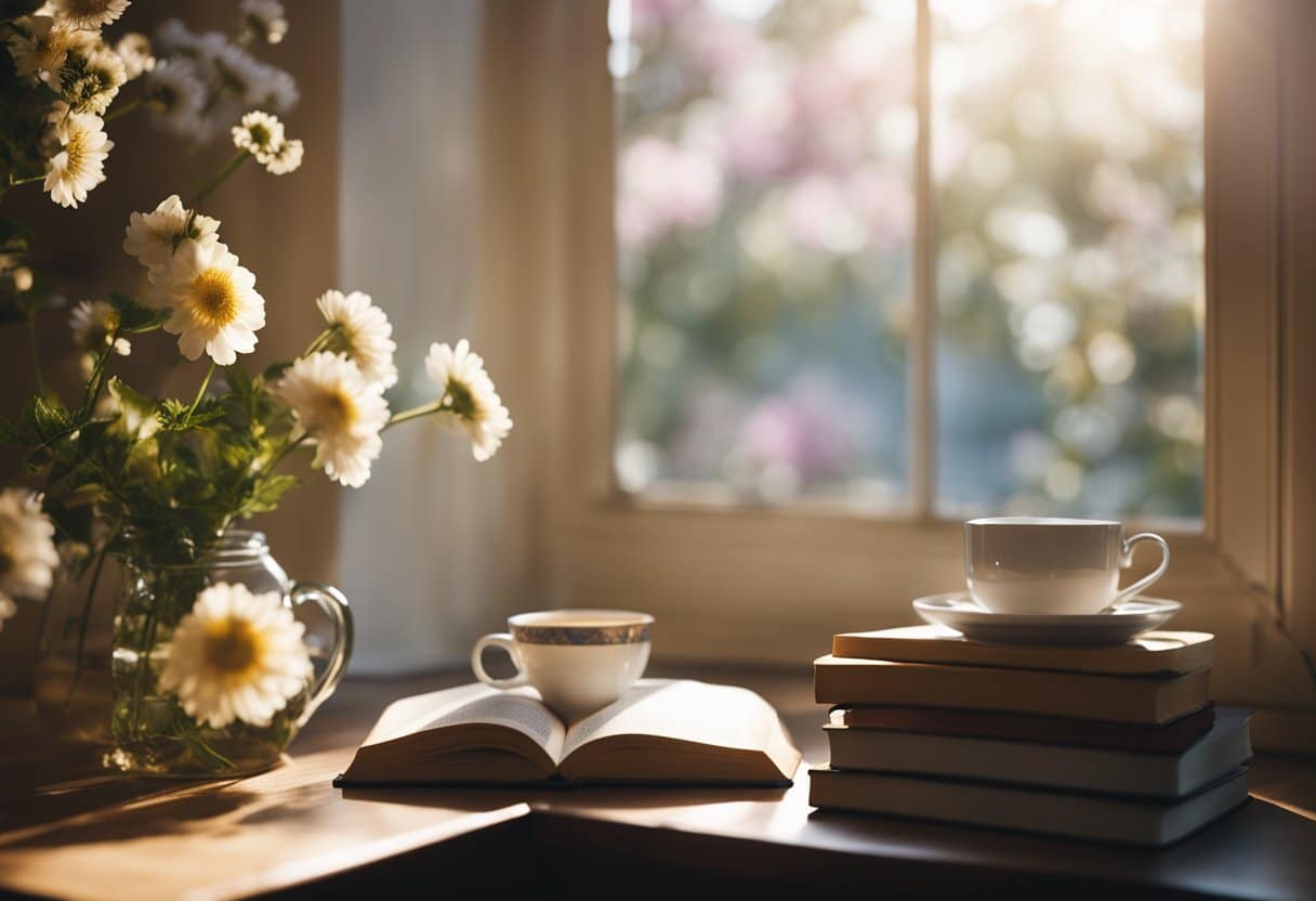 A cozy reading nook with a stack of short story and poetry books, bathed in warm sunlight streaming through a window, surrounded by blooming flowers and a cup of steaming tea