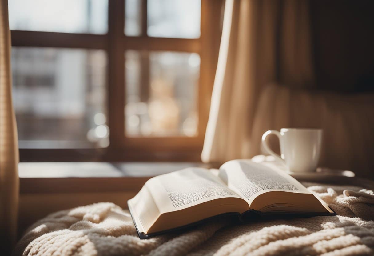 A cozy reading nook with a pile of love and heartache books, surrounded by soft blankets and warm sunlight streaming through a window