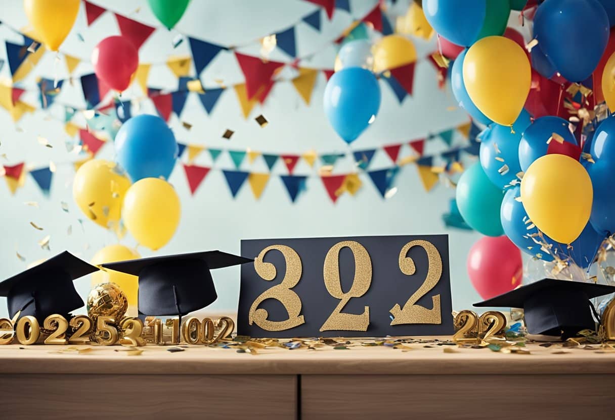 A table adorned with graduation caps, diplomas, and photos. Balloons and confetti fill the air, while a banner reads "Congratulations, Class of 2022."