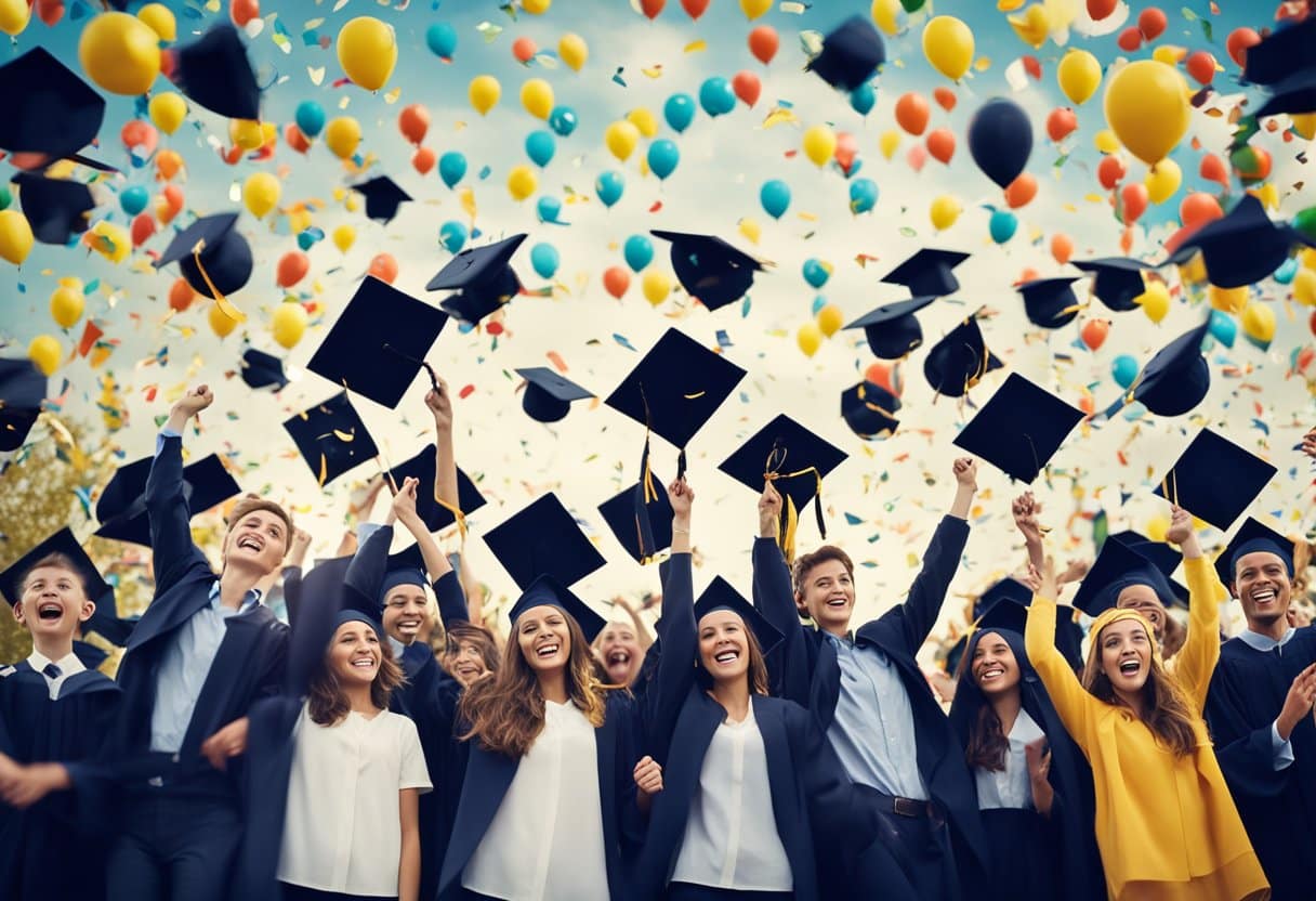 Students throwing hats in the air, confetti falling, balloons, streamers, and a banner with "Congratulations Graduates" in a festive school setting