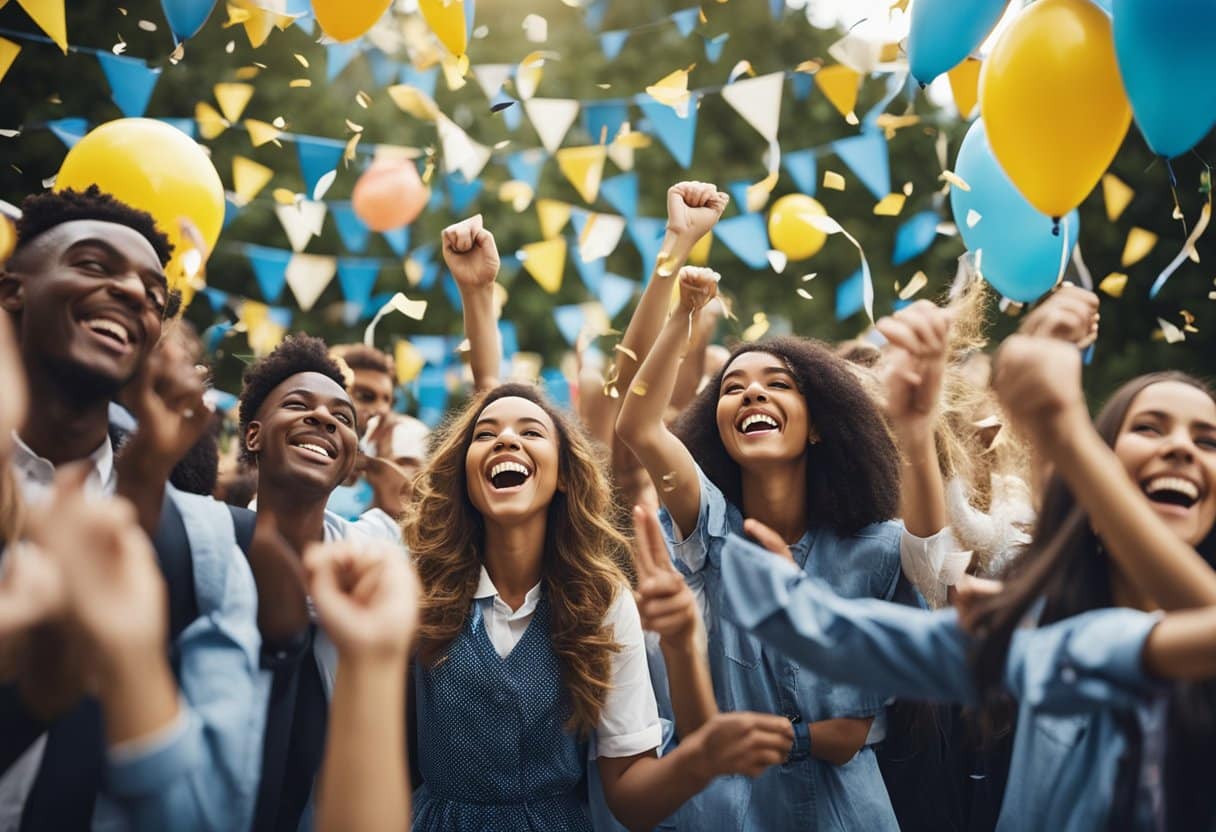 A group of school leavers celebrating with confetti, balloons, and banners. They are cheering and laughing, with a sense of excitement and accomplishment in the air