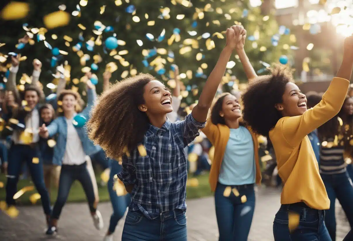 Students throwing confetti, dancing, and cheering at a school courtyard. Banners and balloons decorate the area. Music plays in the background as everyone celebrates