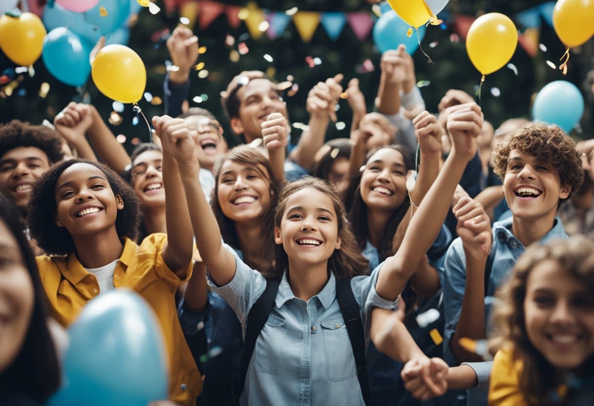 Students gather in a circle, holding hands, with smiles on their faces. They are surrounded by balloons, banners, and confetti, celebrating their transition to secondary school