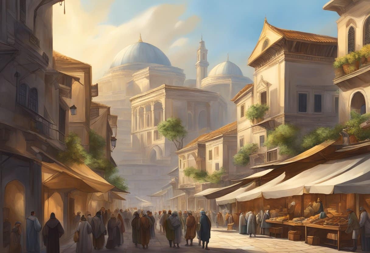 A bustling city with ancient architecture, bustling marketplaces, and scholars discussing ideas in the streets