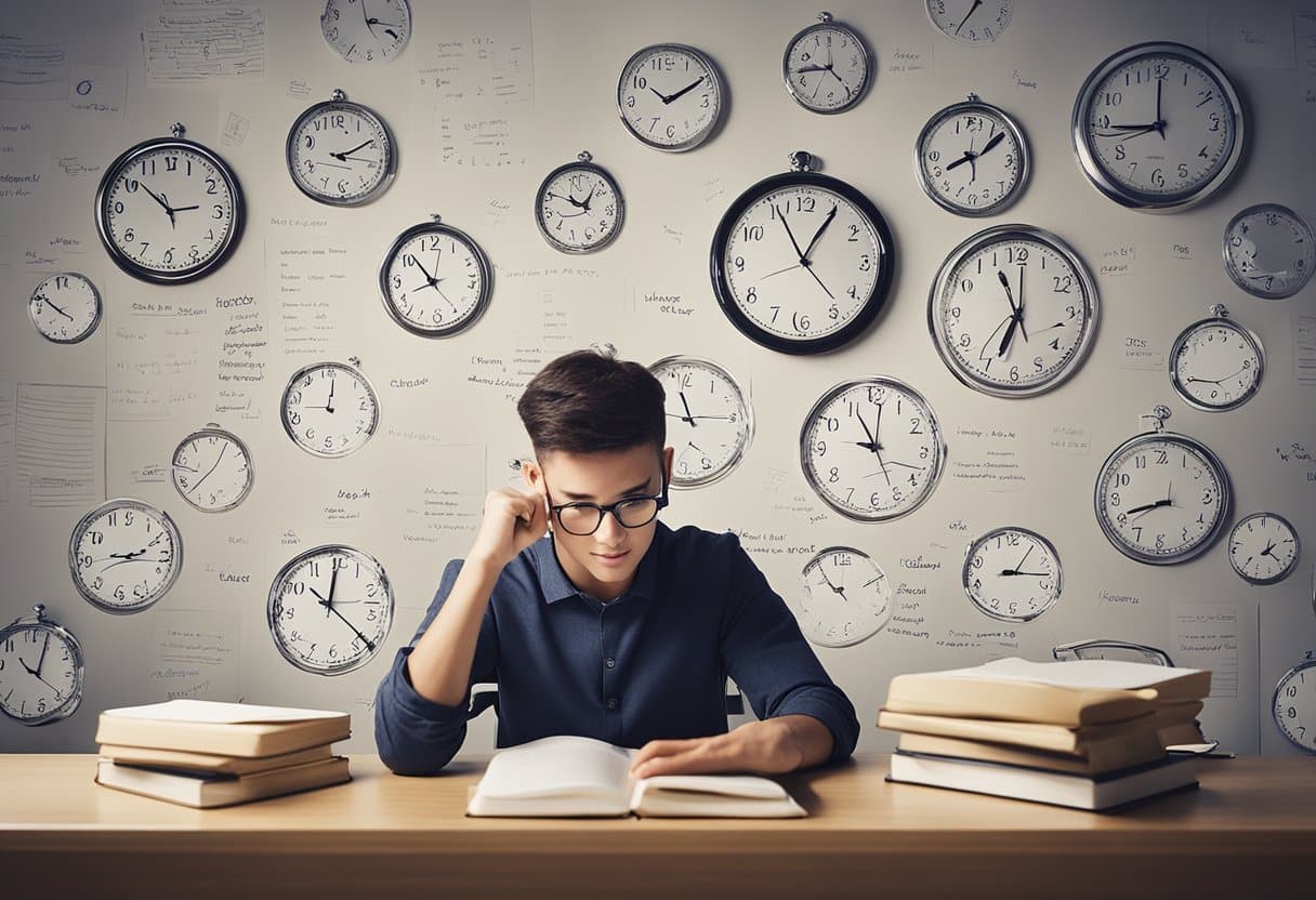 A student sits at a desk, surrounded by textbooks and notes. A clock on the wall shows the time ticking away as they review English Language GCSE exam strategies