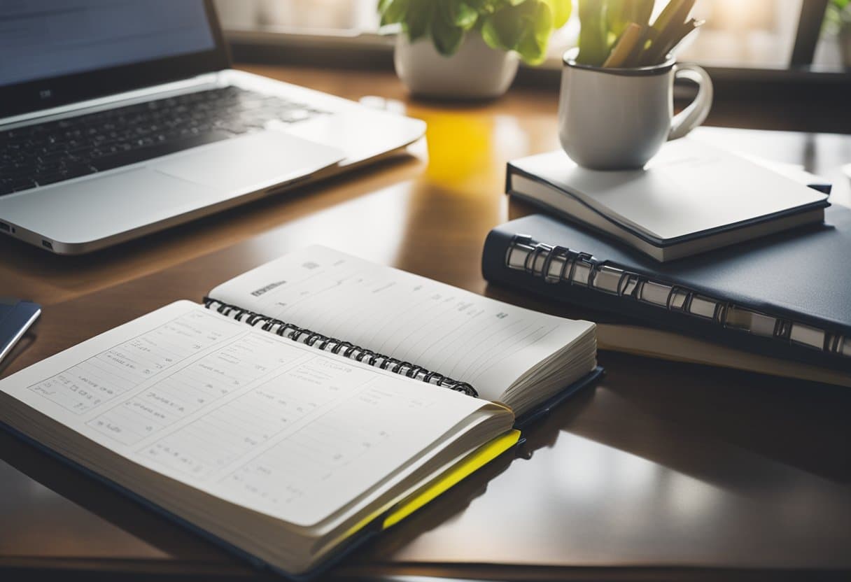 A desk with open textbooks, a notebook, and highlighters. A calendar with study schedule. A computer with online resources