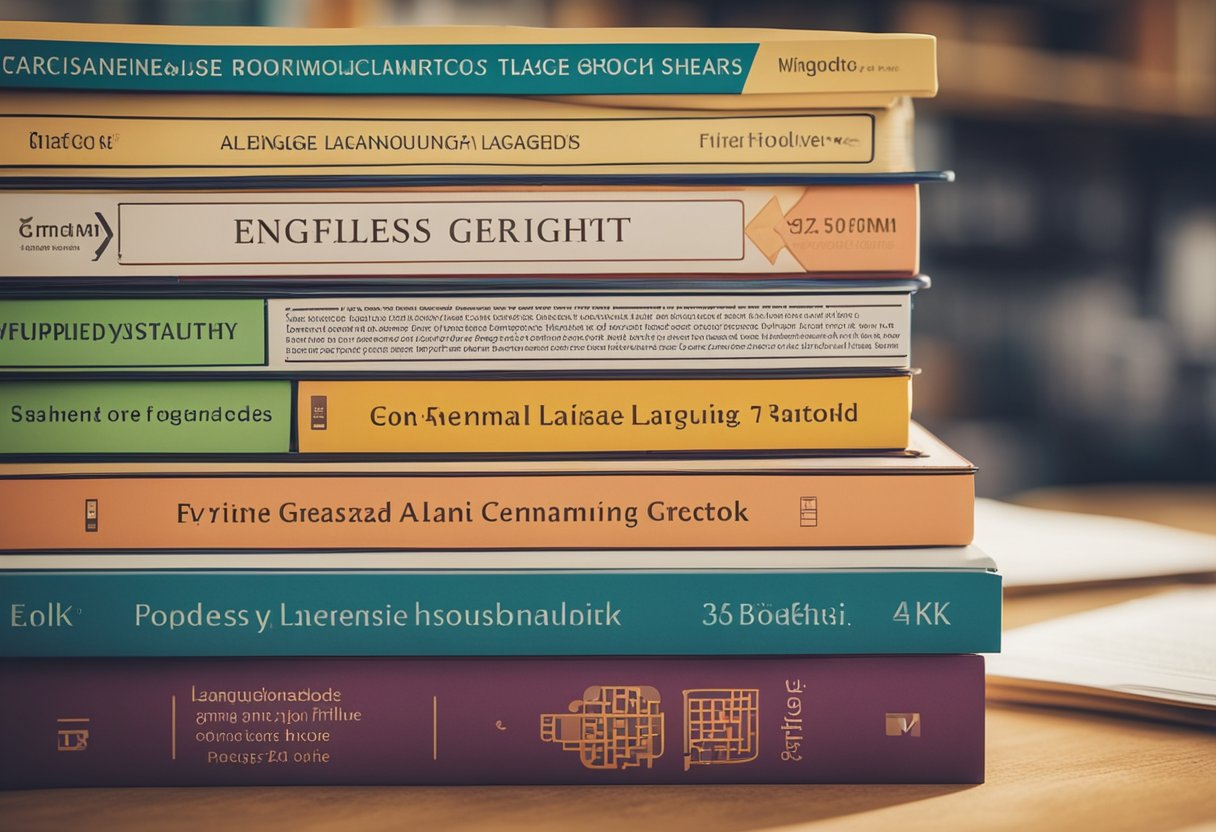 A stack of English language GCSE textbooks surrounded by colorful grammar charts and language flashcards