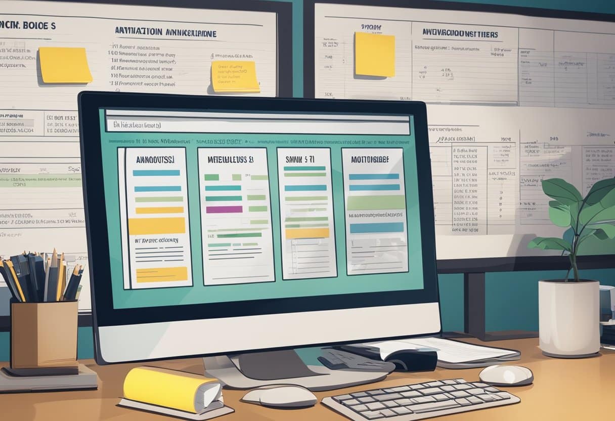 A desk with open textbooks, highlighters, and notes. A clock on the wall shows the time. An open laptop displays a webpage on annotations and analysis skills