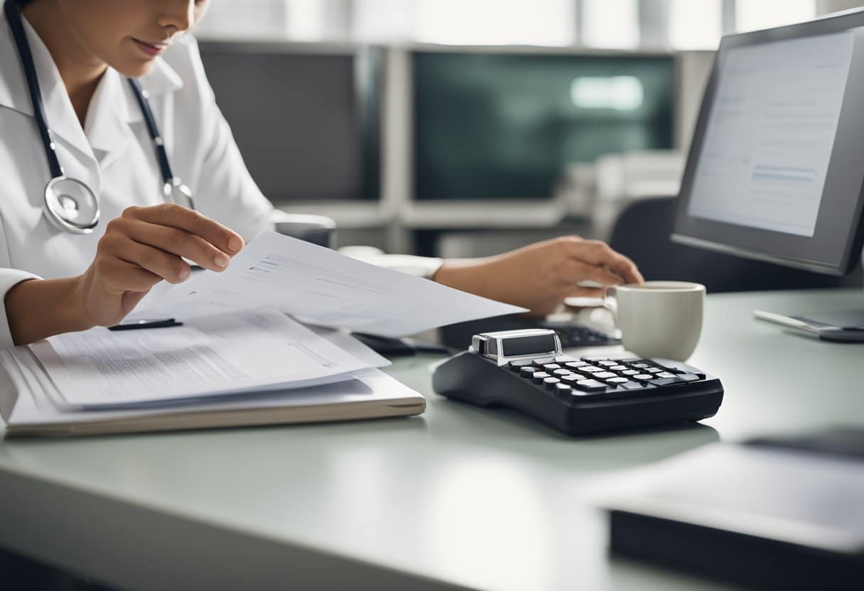 A nursery nurse reviews compensation and benefits documents, with a computer and paperwork on a desk