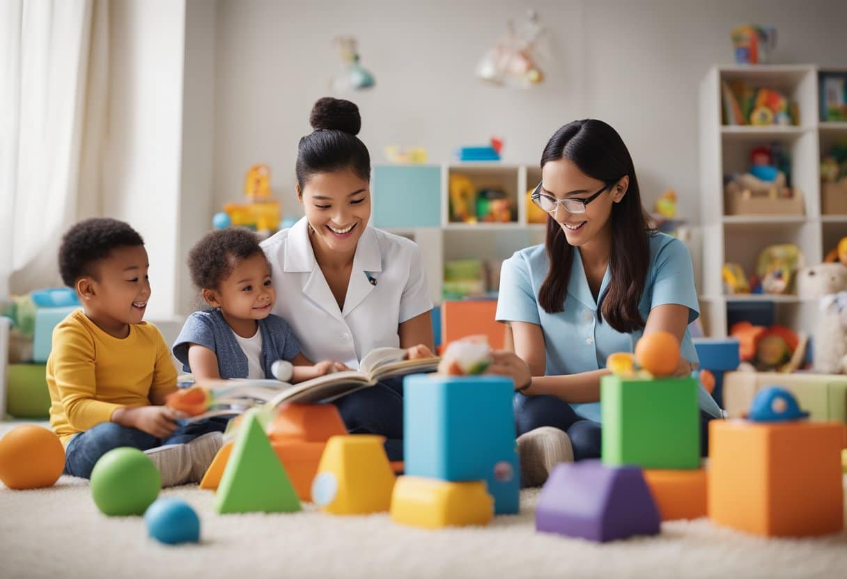 A nursery nurse reads to a group of children, surrounded by colorful toys and educational materials