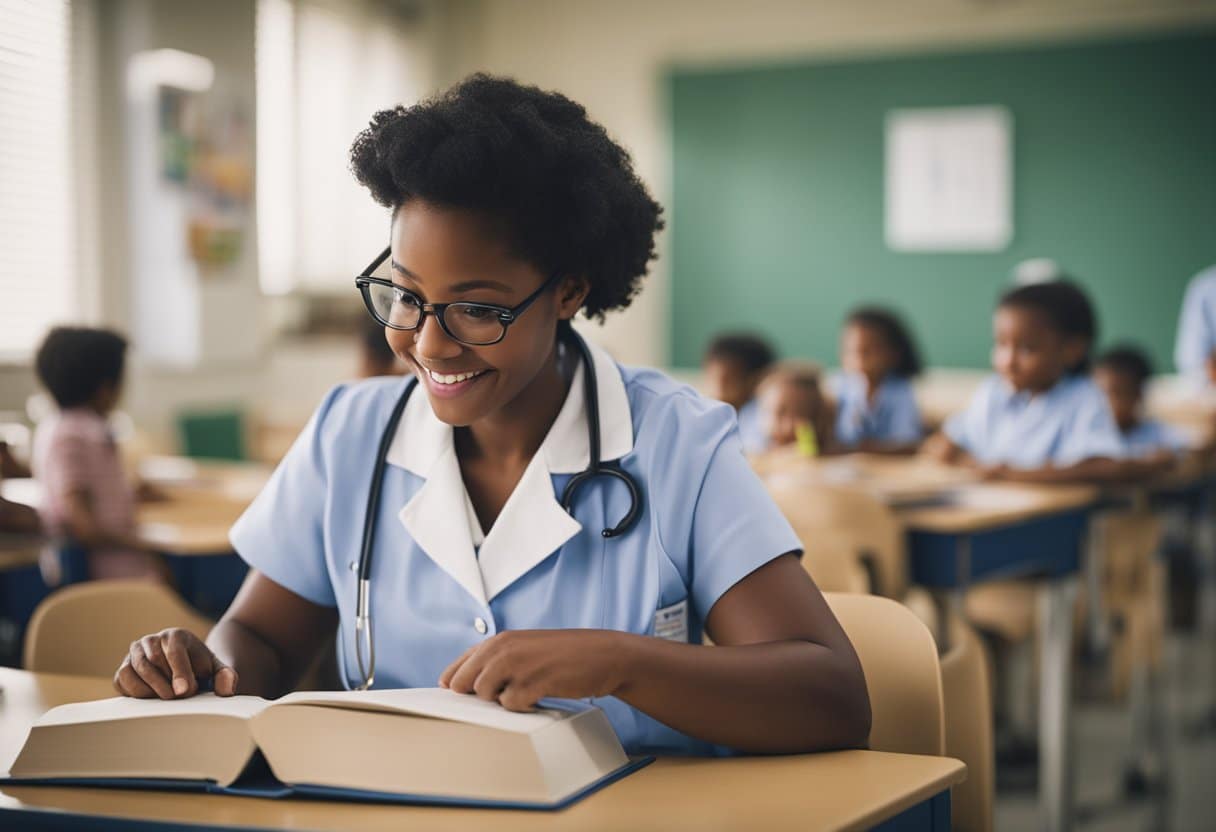 A nursery nurse studies books and earns certifications in a classroom setting