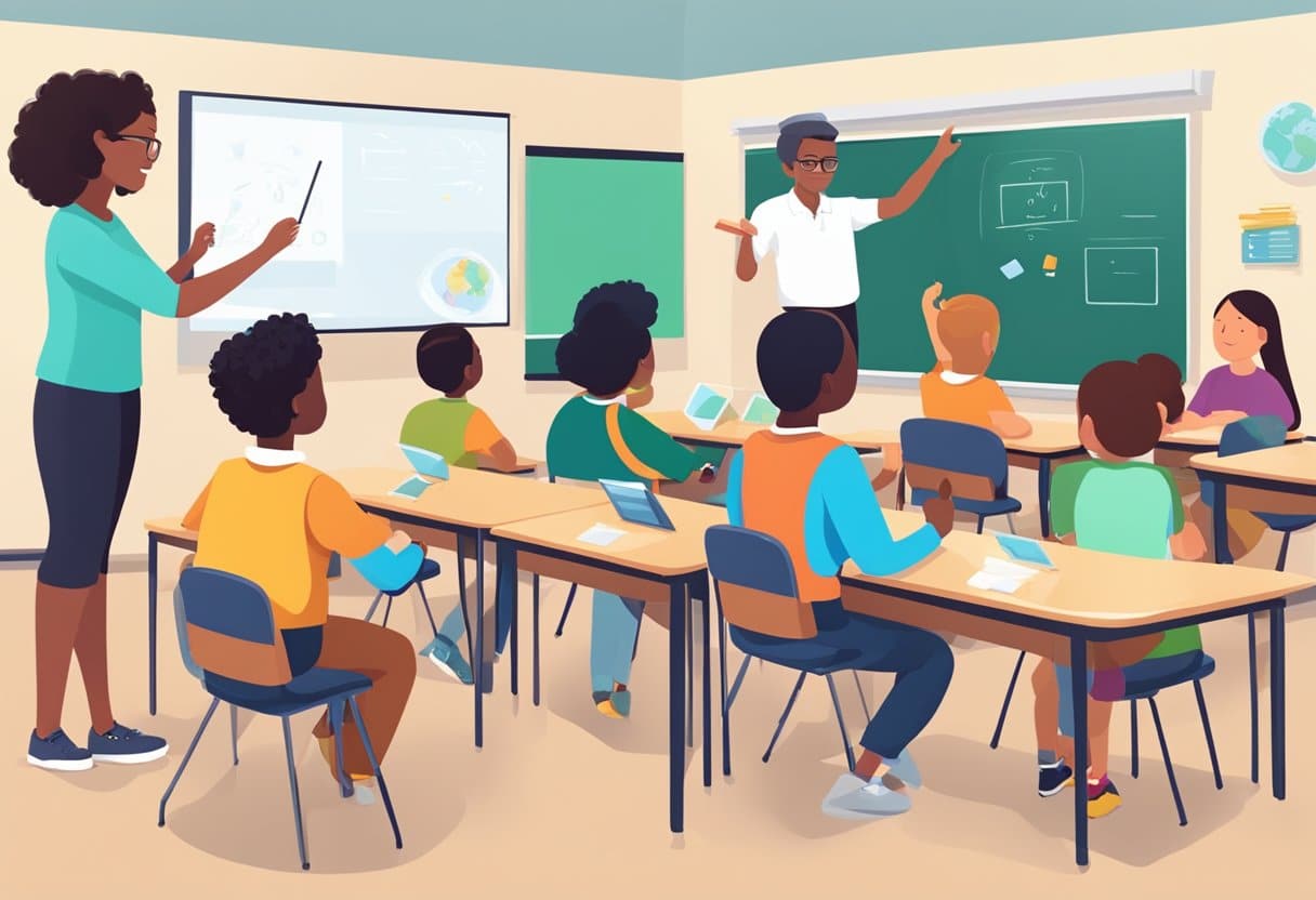 A classroom with diverse teaching materials, students engaged in hands-on activities, and a teacher using technology for interactive learning