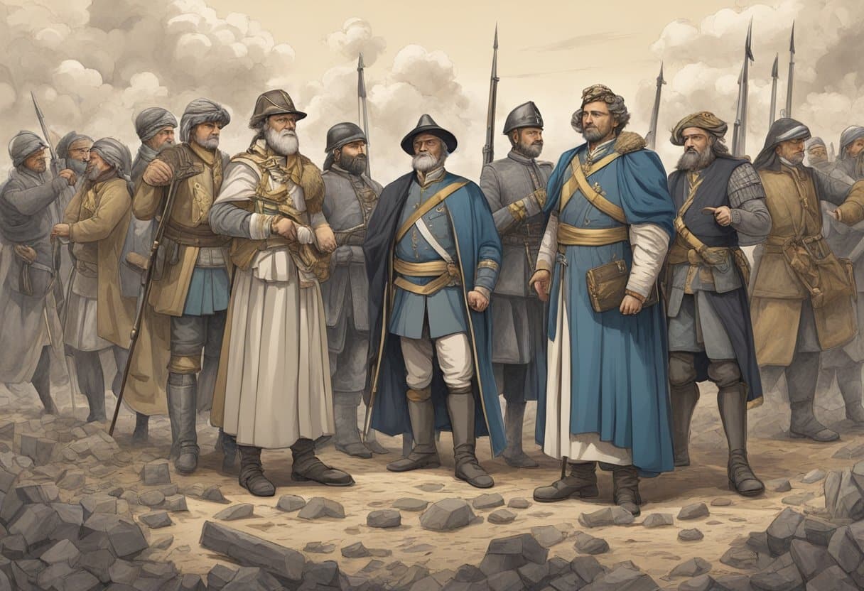 A group of historical figures stand on a battlefield, representing conflict and resolution. They are surrounded by symbols of their achievements and contributions to history