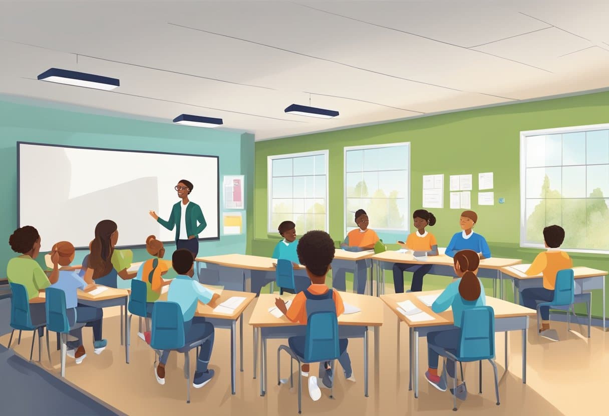 A classroom with diverse students engaged in group work and hands-on activities, while the teacher facilitates discussions and provides individualized support