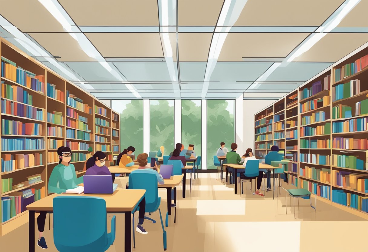 Students reading, studying, and collaborating in a bright and spacious school library. Books neatly organized on shelves, computers available for research, and comfortable seating areas for group discussions