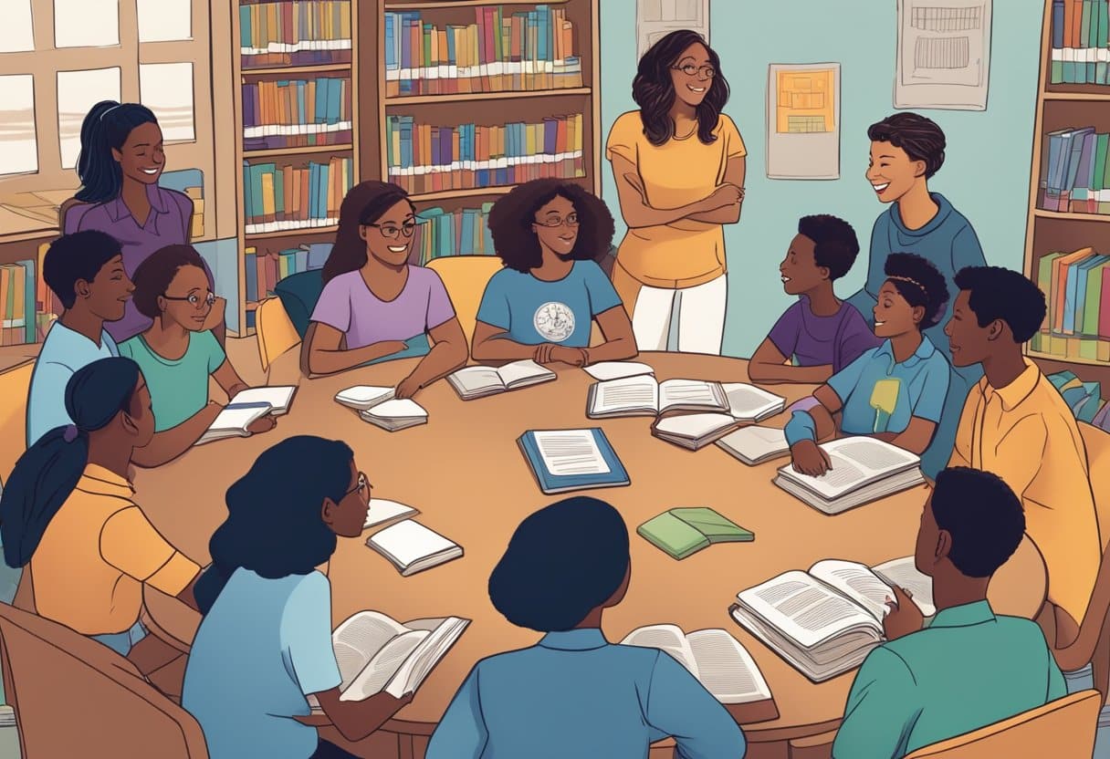 A group of diverse students gather around a table in a school library, each holding a different book. The librarian stands nearby, smiling as she leads a discussion about the benefits of joining a book club