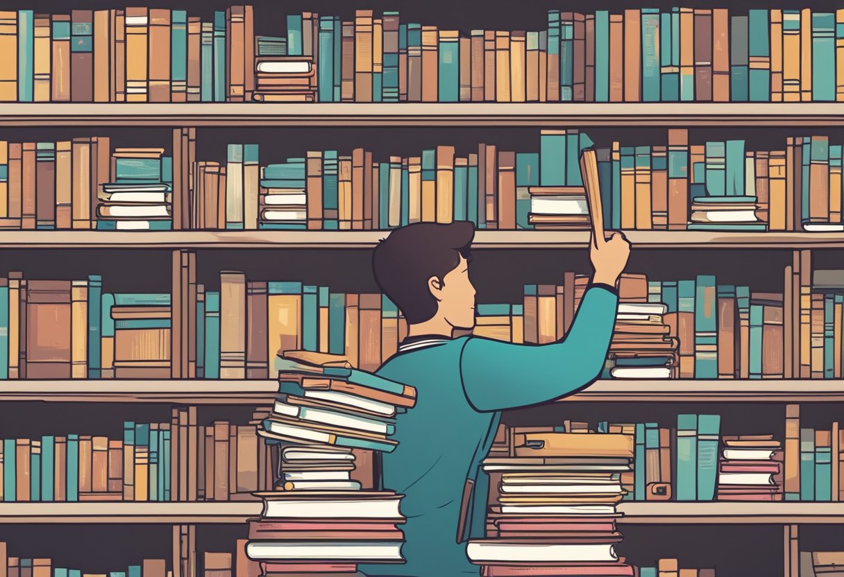 A student reaches for a stack of textbooks on a library shelf labeled "10 Ways To Use A School Library."
