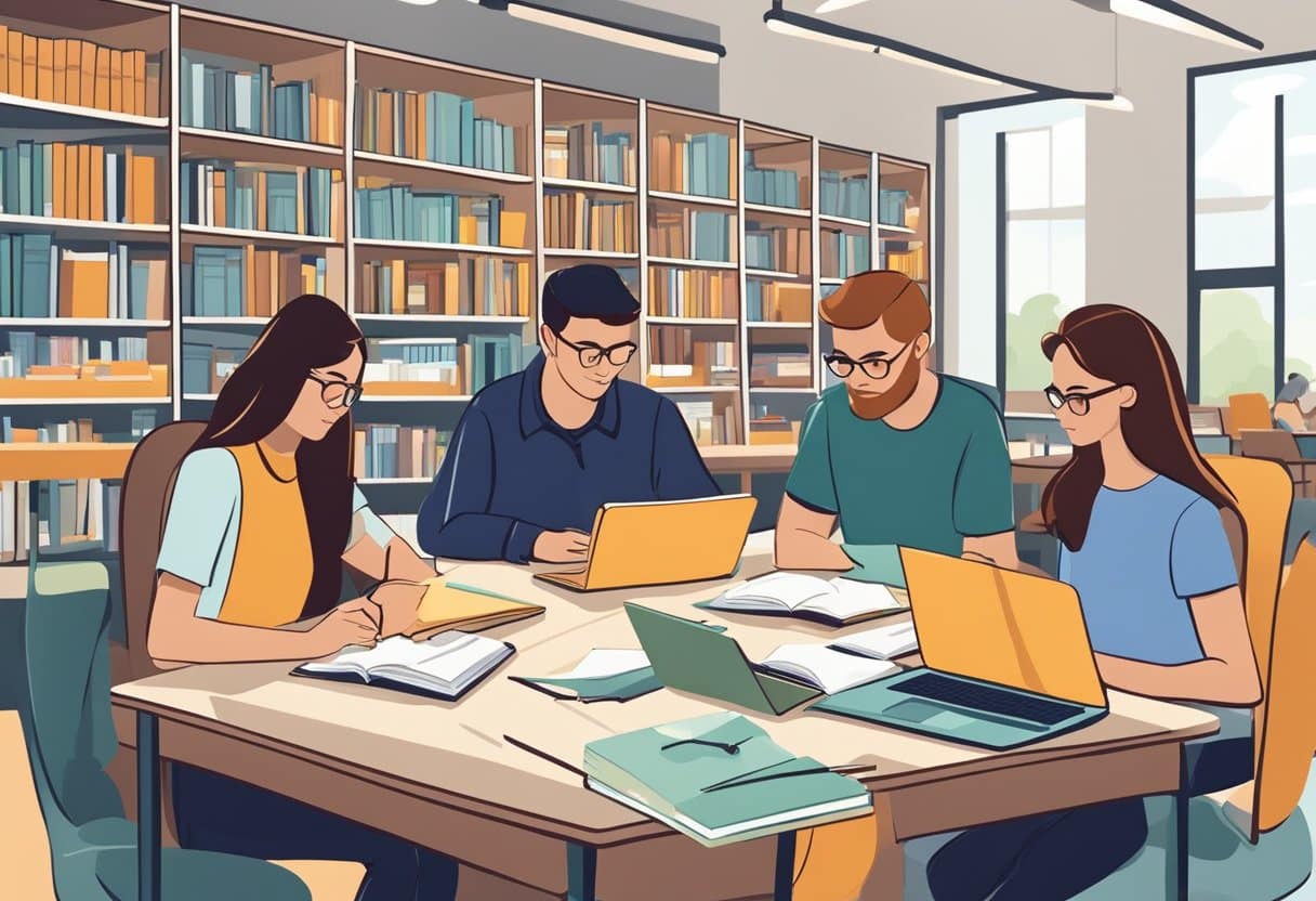 Students work together at tables in a school library, sharing books and laptops. They discuss and brainstorm ideas for group assignments