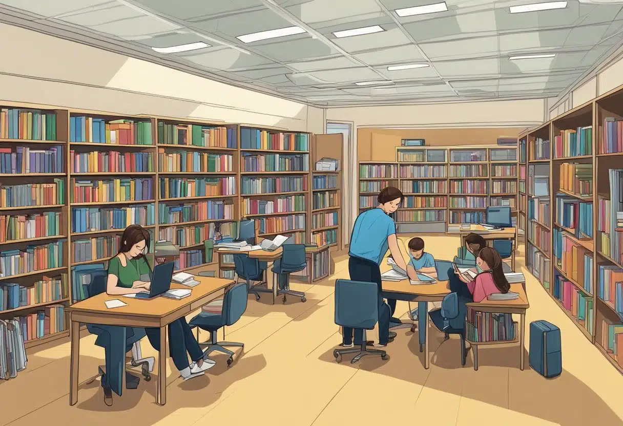 Students reading and studying in a school library, surrounded by books and computers, with a librarian assisting at the front desk