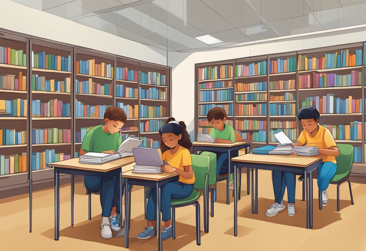 Students quietly reading and studying in various corners of a school library, surrounded by books, desks, and shelves filled with educational materials