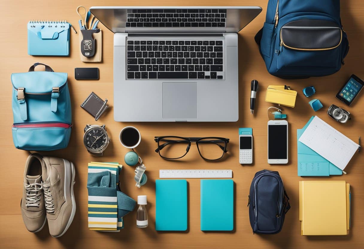 A desk with school supplies neatly arranged, a backpack packed with books, a calendar with important dates circled, a healthy lunchbox, a set of new clothes laid out, a full water bottle, a clock showing the morning hour, a to-do