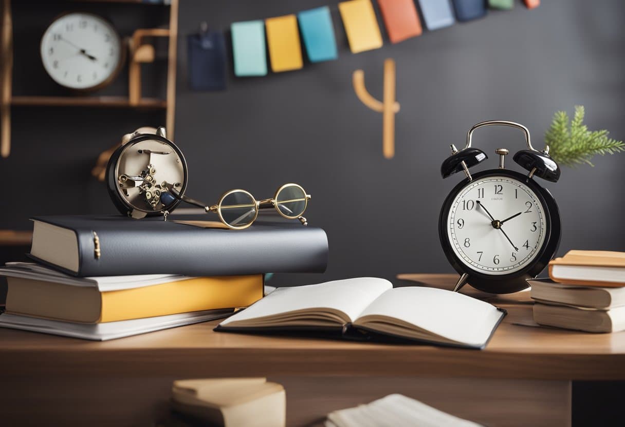 A desk with a planner, textbooks, and school supplies. A clock on the wall shows the time. A backpack is packed and ready to go