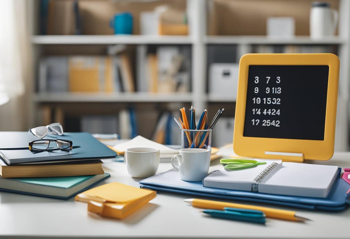 A desk with neatly organized school supplies, a backpack packed with books, a calendar marked with important dates, a morning alarm set, a healthy breakfast on the table, and a uniform or outfit laid out for the next day
