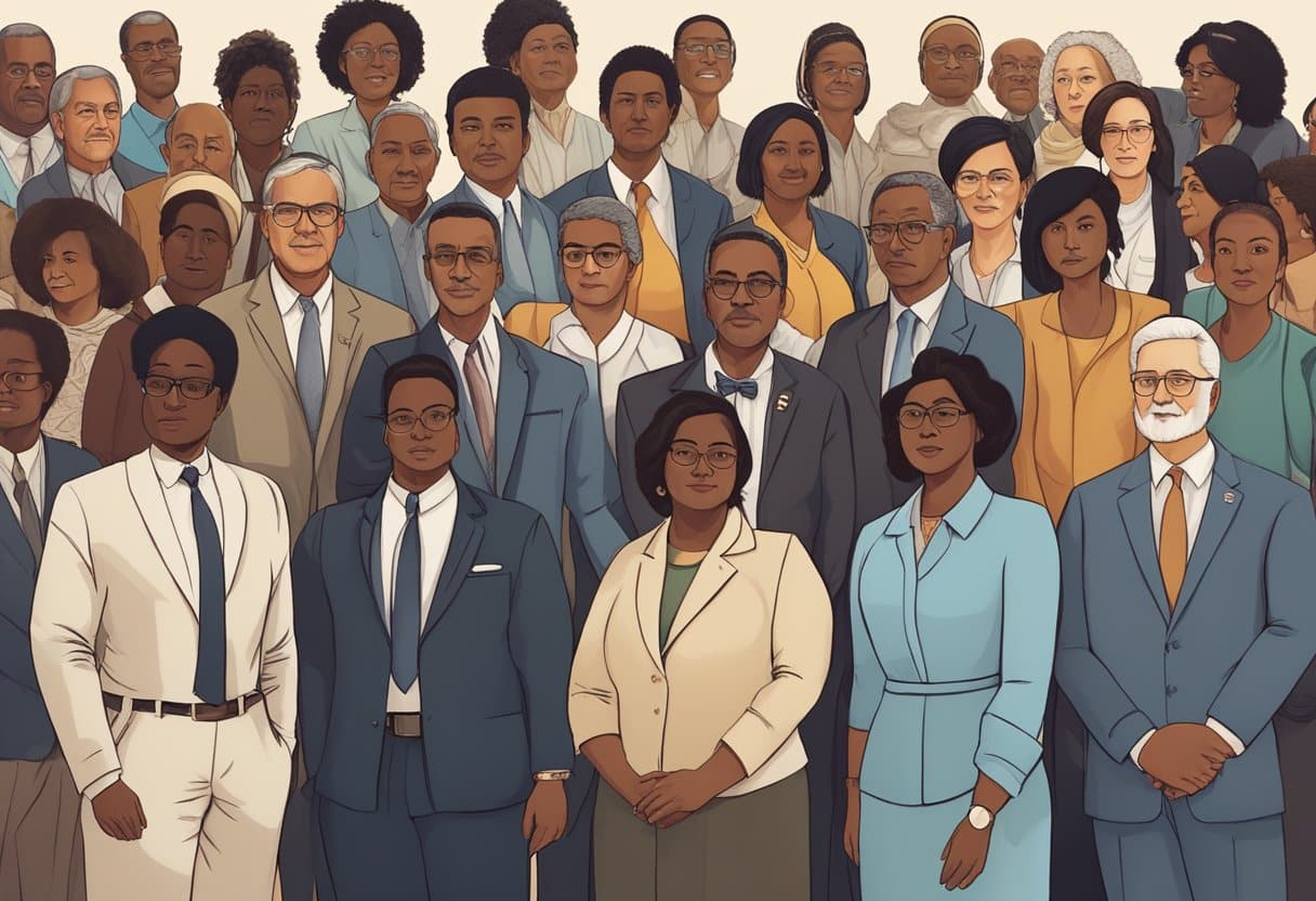 A diverse group of leaders stand together, representing different social change and civil rights movements throughout history. Their presence exudes strength and determination, inspiring others to learn about their important contributions