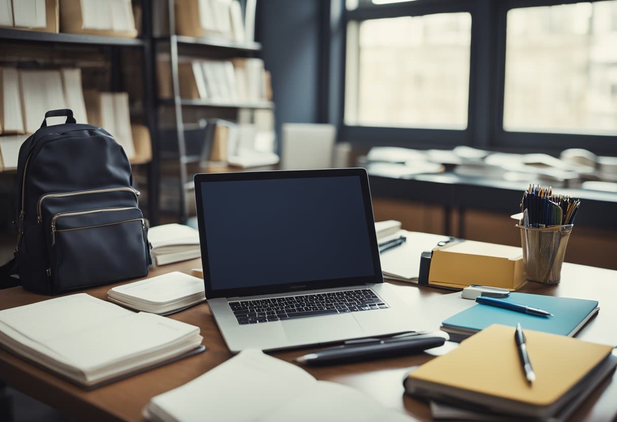 A desk cluttered with open notebooks, pens, and a laptop. A calendar on the wall with the date circled. A stack of textbooks and a backpack ready to be filled