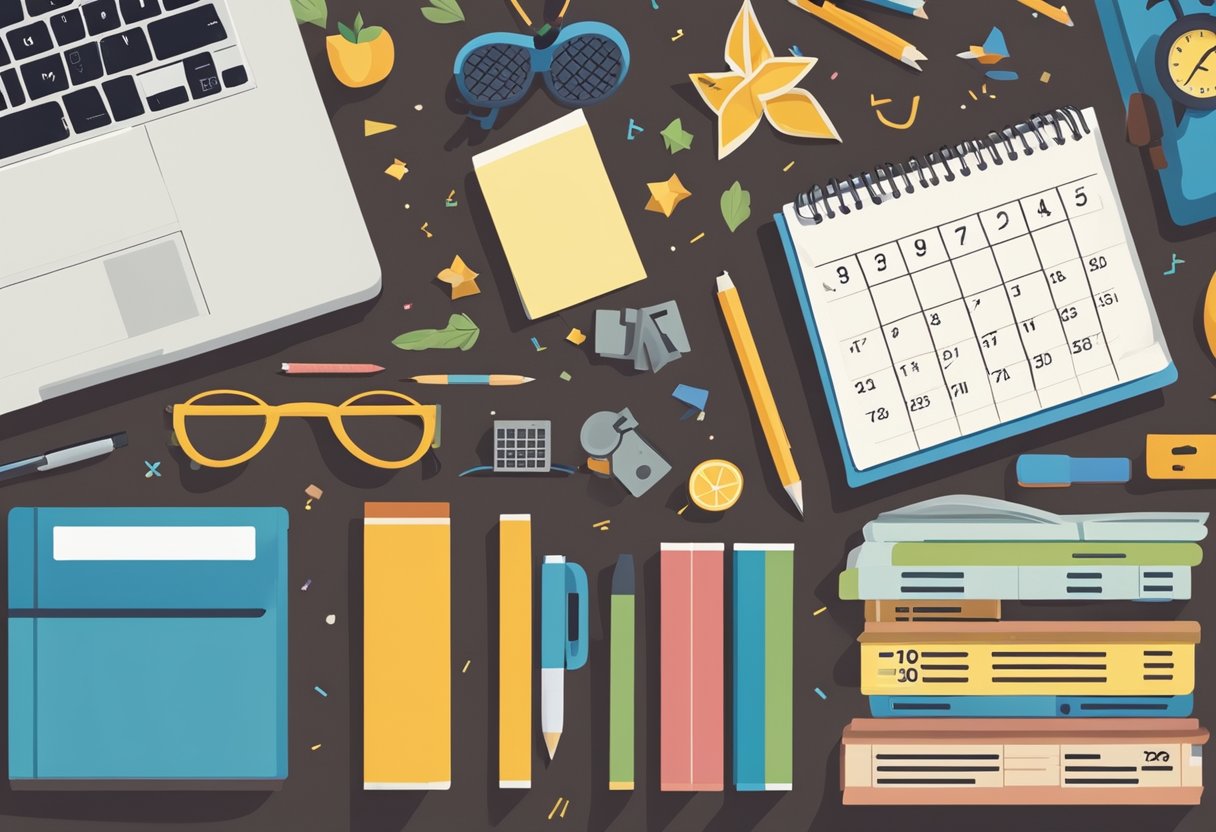 A desk with school supplies neatly arranged, a calendar marked with important dates, a backpack ready to be filled, and a book open to a page of notes