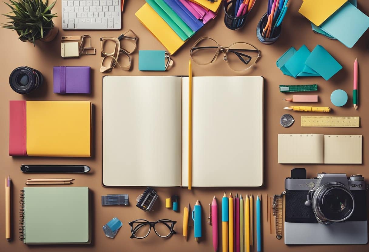 A desk with neatly arranged school supplies in 10 different ways, including notebooks, pencils, rulers, and backpacks