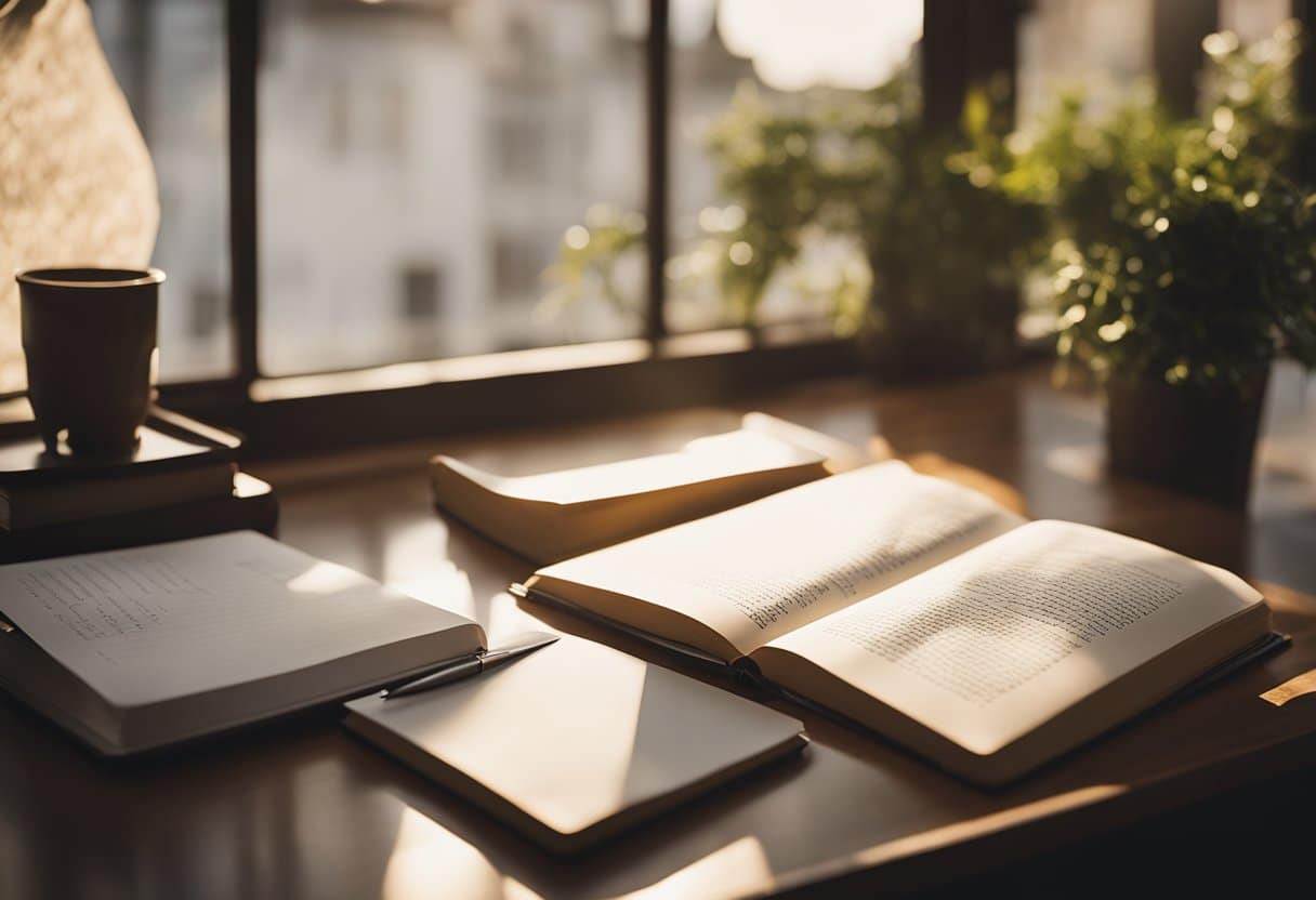 A peaceful setting with a desk, pen, and paper. Soft light filters in through a window, casting a warm glow. A stack of books on writing and poetry sits nearby, inspiring creativity