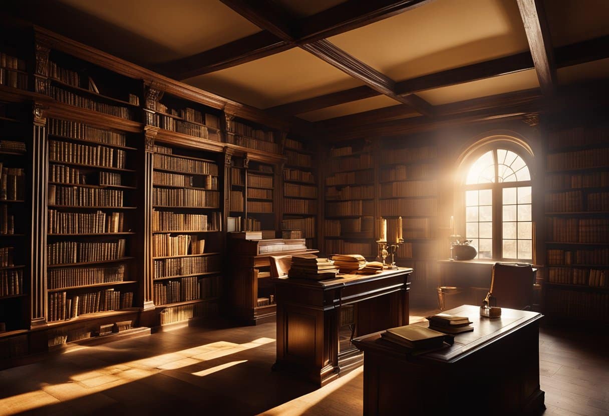A cozy library with a crackling fireplace, shelves filled with ancient tomes, and a desk scattered with parchment and quills. A beam of golden sunlight filters through the window, illuminating the room with a warm glow