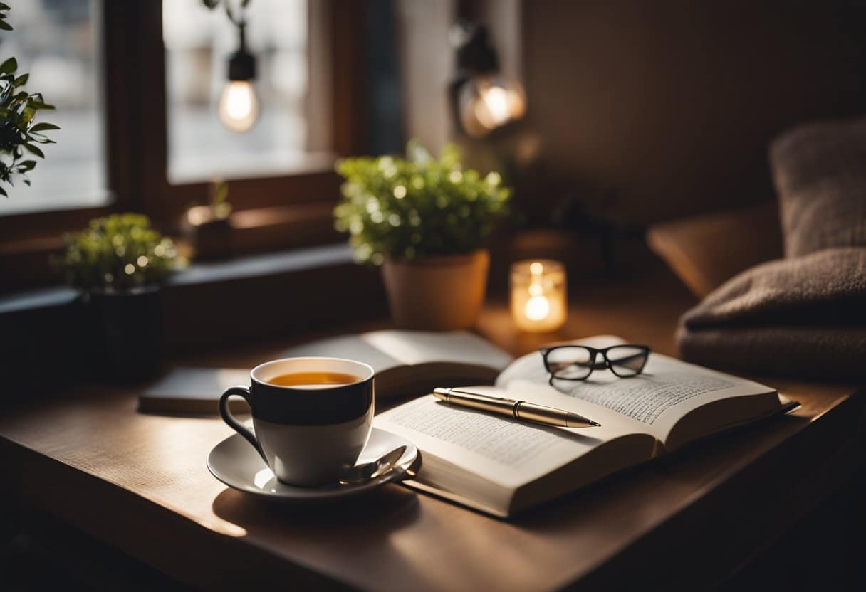 A cozy writing nook with a journal, pen, and warm lighting. A cup of tea sits nearby as the writer delves into their memories