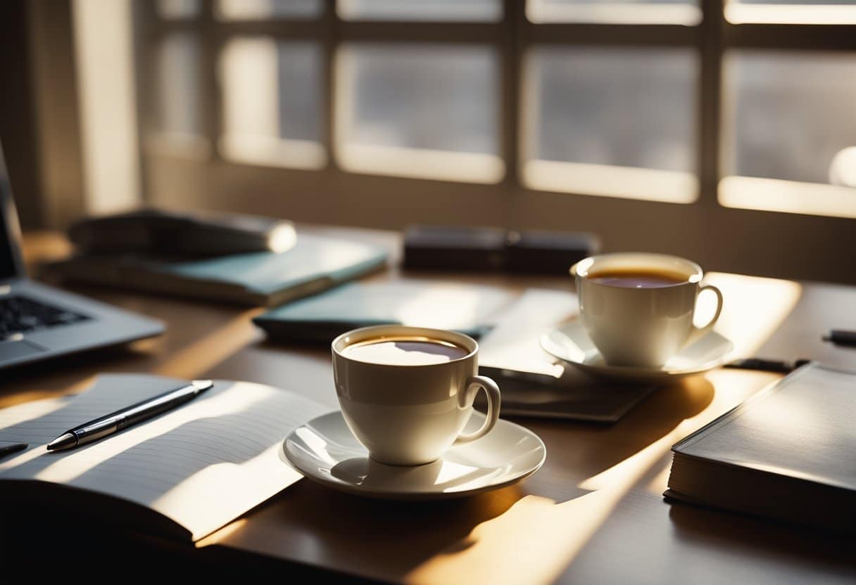 A desk cluttered with journals, pens, and a laptop. Sunlight streams through the window, casting a warm glow on the workspace. A cup of tea sits nearby, steam rising gently