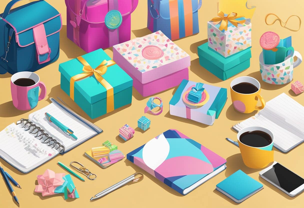 A table with various personalized gift options for students, including custom mugs, notebooks, and keychains. Bright and colorful packaging displayed