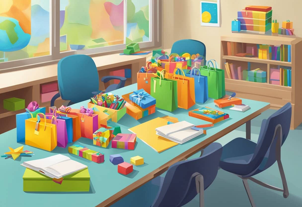 Colorful gift bags and boxes scattered on a classroom desk, filled with books, art supplies, and small toys. A festive banner with "End of Year Gifts" hangs on the wall